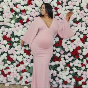 Pink maternity long dress gown with v neck and angel like wings. nwt never worn.